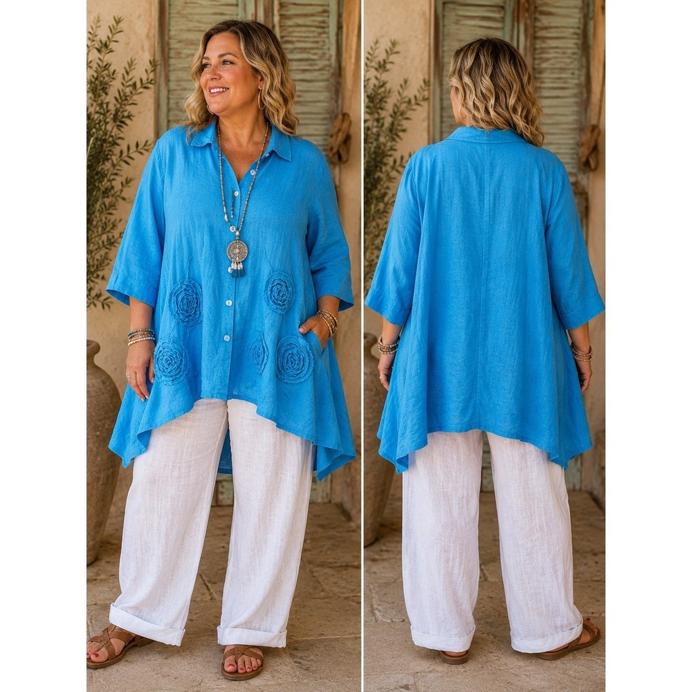 Aft Miles 100% Linen Art To Wear Lagenlook Rosette Appliqué Tunic Blouse 2X Blue